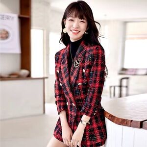 2 Piece Set Autumn Winter Women Tweed Blazer Shorts Suits Outfits Casual Match.